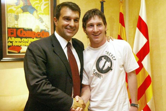 Happier times: Joan Laporta shook hands with Lionel Messi in 2005 after the Argentine signed a nine-year contract extension