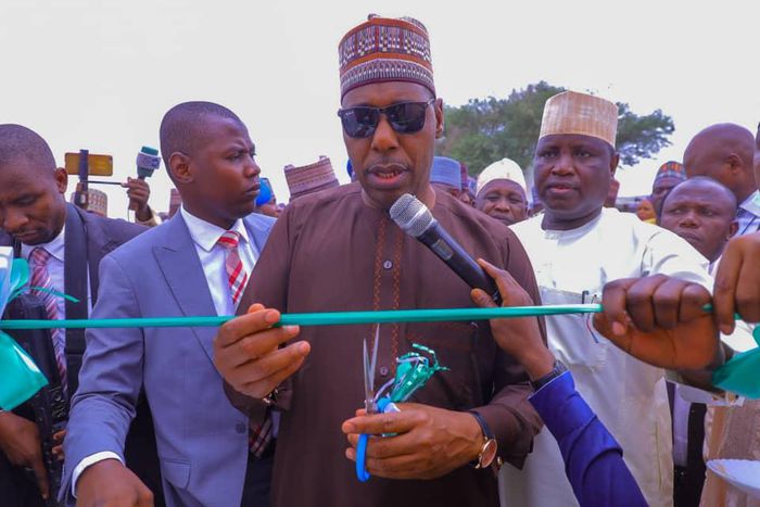 Gov Zulum inaugurating houses built for IDPs in Auno village on Wednesday. [Twitter/@ProfZulum]