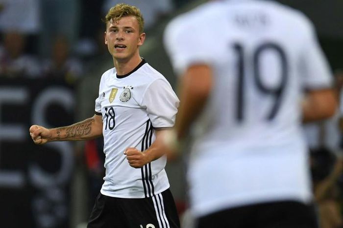 Max Meyer celebrates scoring for Germany in a friendly against Finland in 2016