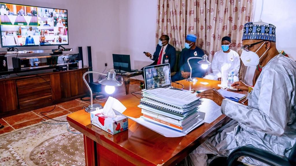 President Muhammadu Buhari joins the virtual Federal Executive Council meeting from his Daura country home in Katsina. [Twitter/@BashirAhmaad]