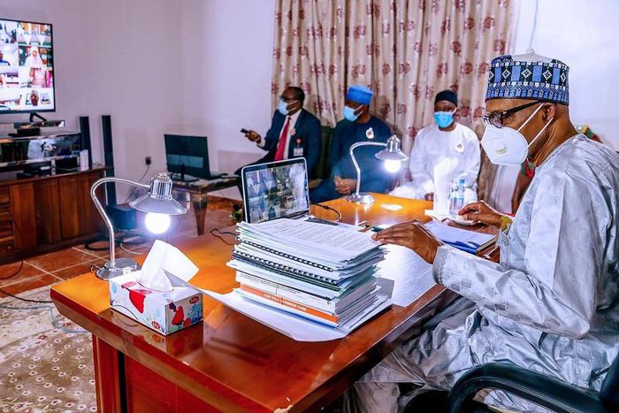 President Muhammadu Buhari joins the virtual Federal Executive Council meeting from his Daura country home in Katsina. [Twitter/@BashirAhmaad]