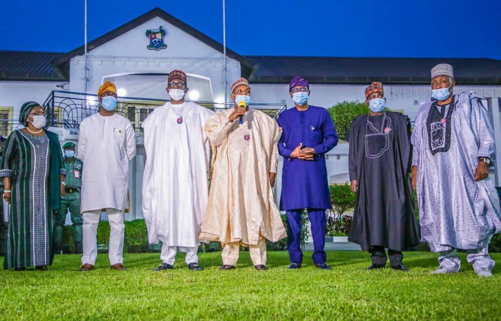 Progressives Governors Forum delegation to Lagos State comprised of Governor Atiku Bagudu; Chairman of the APC Caretaker Committee and Yobe Governor, Mai Mala Buni; Chairman, Northern Governors’ Forum and Plateau Governor, Simon Lalong and Jigawa Gover...