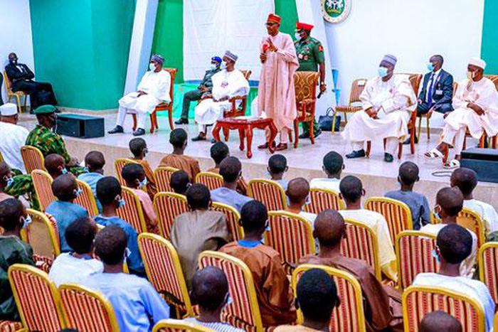 President Muhammadu Buhari addressing Kankara schoolboys after regaining freedom from Boko Haram captivity (Channels TV)