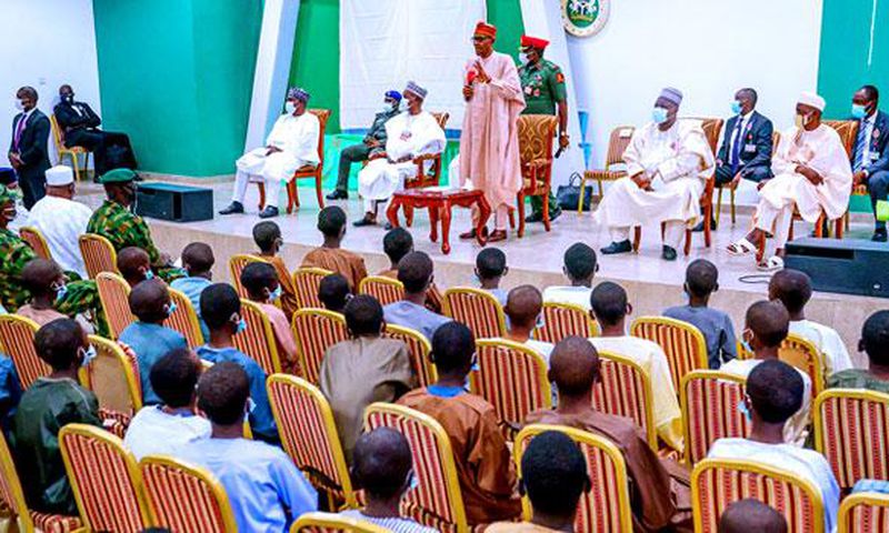 President Muhammadu Buhari addressing Kankara schoolboys after regaining freedom from Boko Haram captivity (Channels TV)