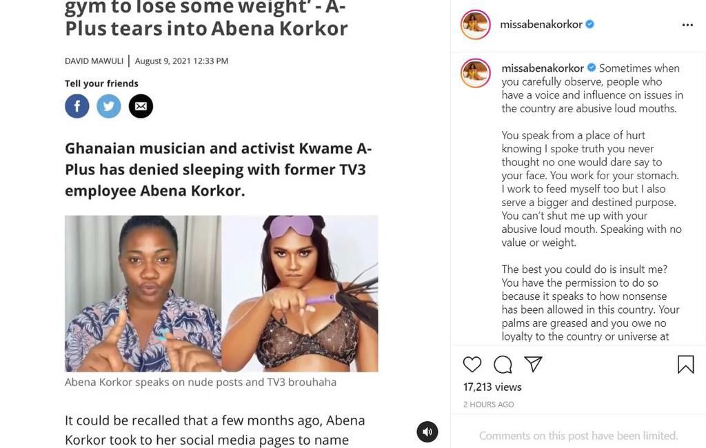 Abena Korkor fires back at A Plus