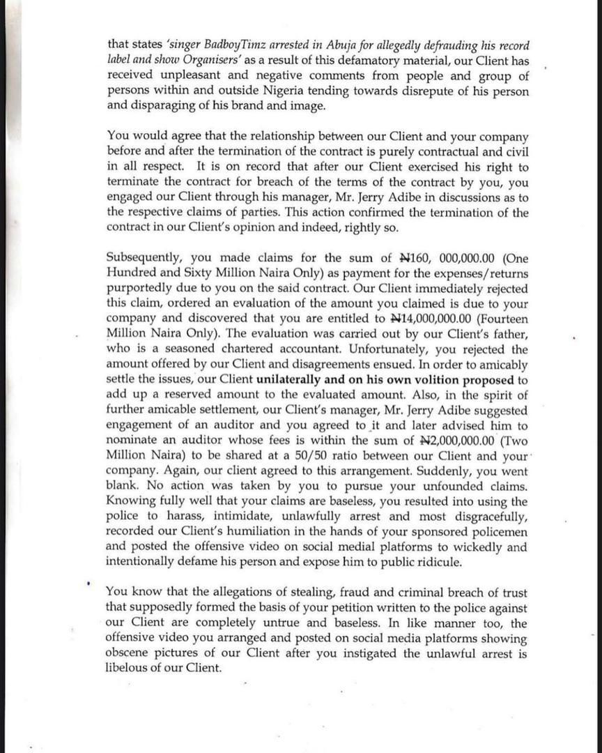 BadBoy Timz's Lawyers writer to Anonymous Music. (Seun Ojo)