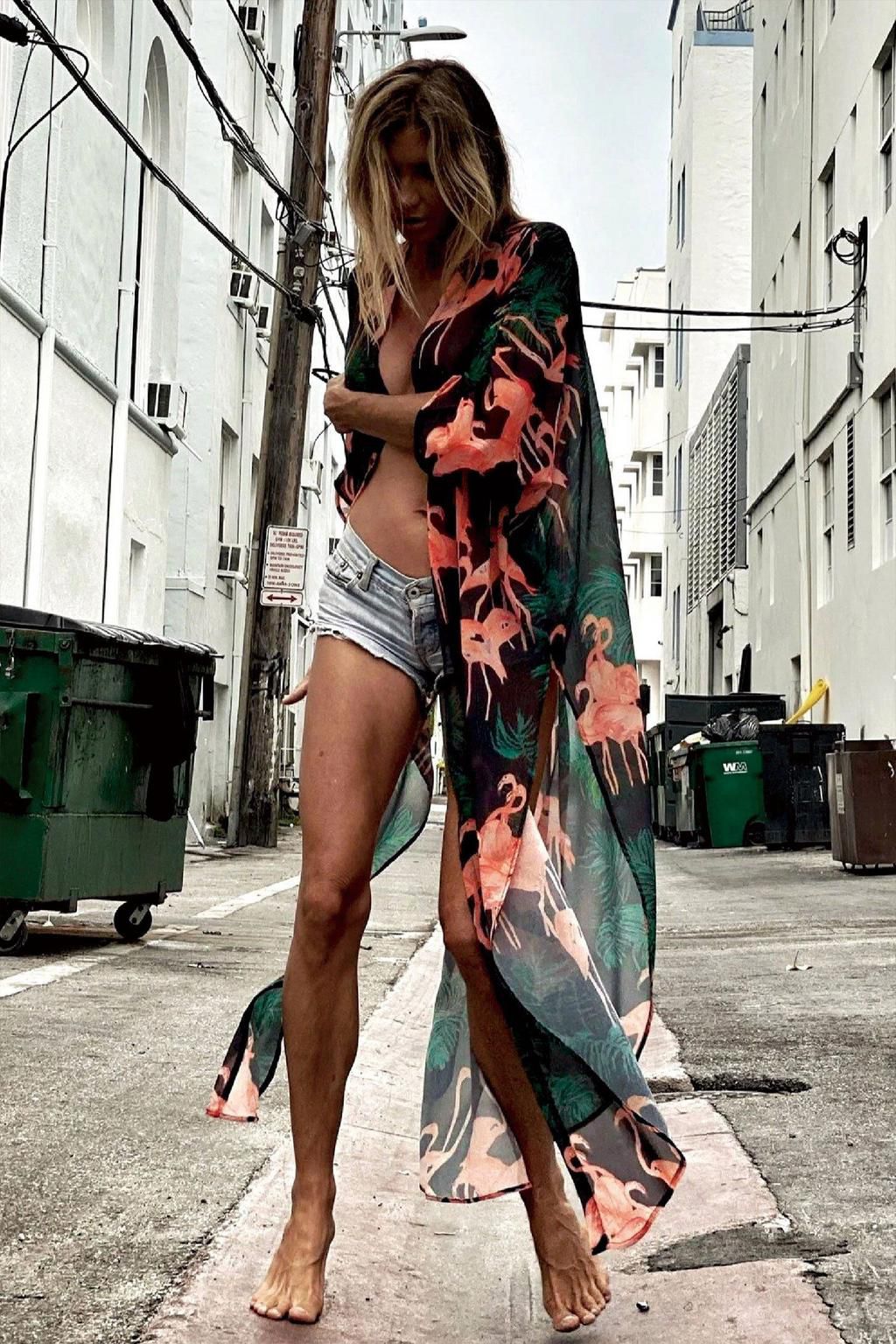 Green Flamingos Boho Printed Chiffon Bikini Cover-ups  {pinterest}