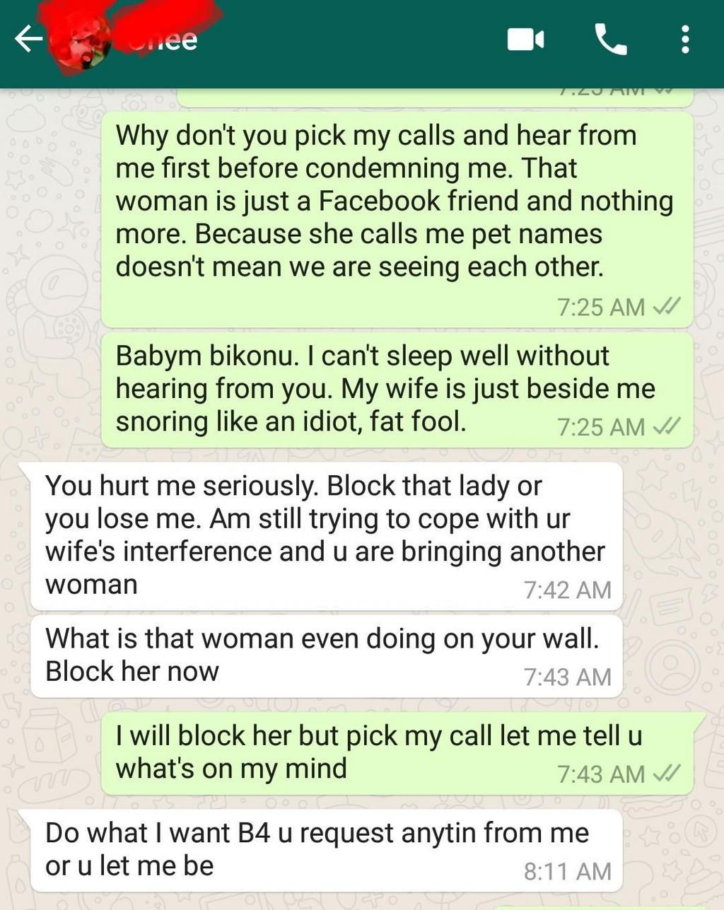 “My wife is just beside me snoring like an idiot, fat fool” – Wife leaks hubby's chat with another woman