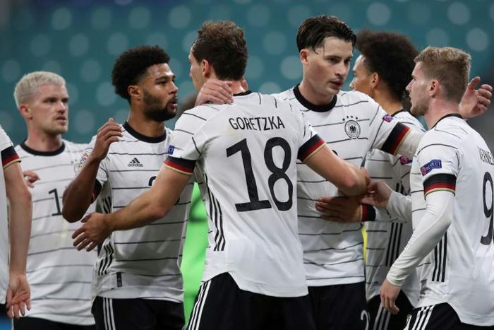 Let's celebrate: Germany's Timo Werner (right) is congratulated by teammates