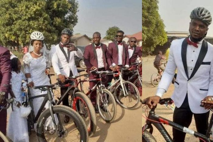 Female cyclist’s beautiful wedding full of bicycles; no car
