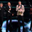 AC Milan star Zlatan Ibrahimovic (2nd from right) and Bologna coach Sinisa Mihajlovic (2nd from left) team up for a duet at the Sanremo 2021 music festival