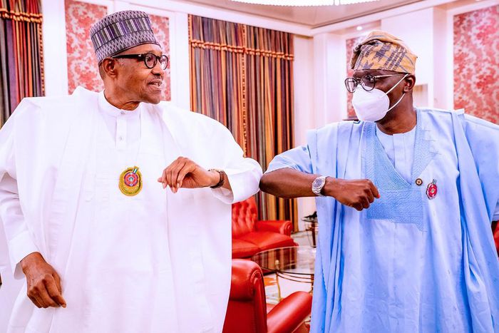 Lagos state Governor, Babajide Sanwo-Olu visits President Muhammadu Buhari to update him on the progress made in the reconstruction of Lagos following the #EndSARS mayhem. [Twitter/@NGRPresident]