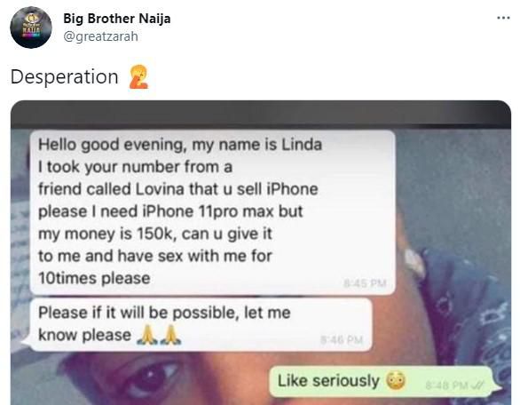Will I use the sex to restock? – Phone seller blasts Linda who wants to buy iPhone 11 with cash & 15 rounds of sex