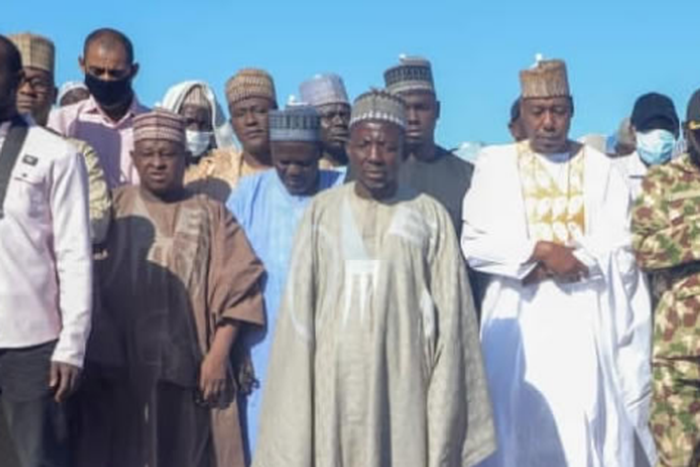 Gov Babagana Zulum of Borno State leads relatives of Zabarmari massacre victims in funeral prayer on Sunday, November 29, 2020. (Punch)