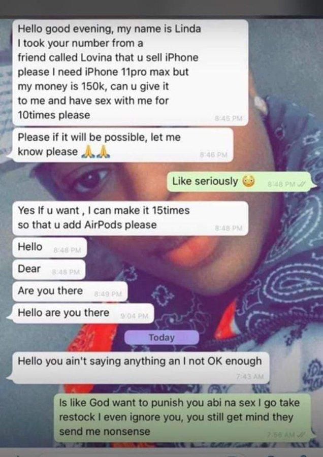 Will I use the sex to restock? – Phone seller blasts Linda who wants to buy iPhone 11 with cash & 15 rounds of sex