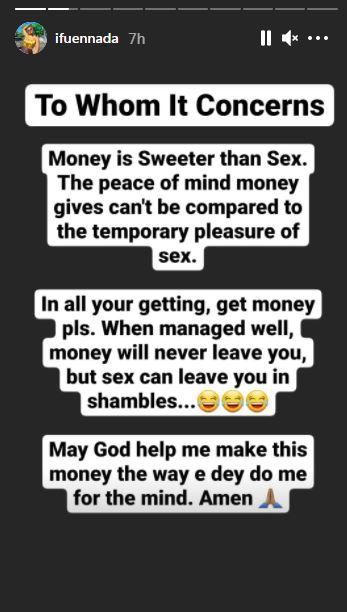 The reality TV star says people can live without sex but can't live without money. [Instagram/IfuEnnada]