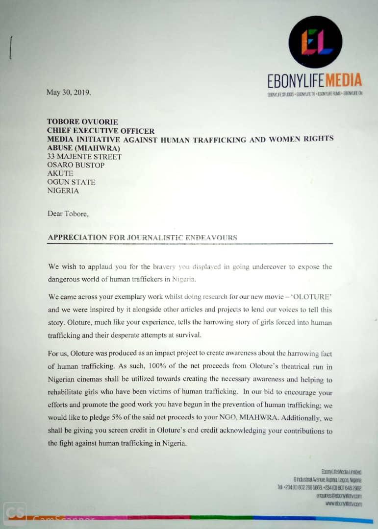 EbonyLife's letter of appreciation addressed to Tobore Ovuorie [Tobore Ovuorie]