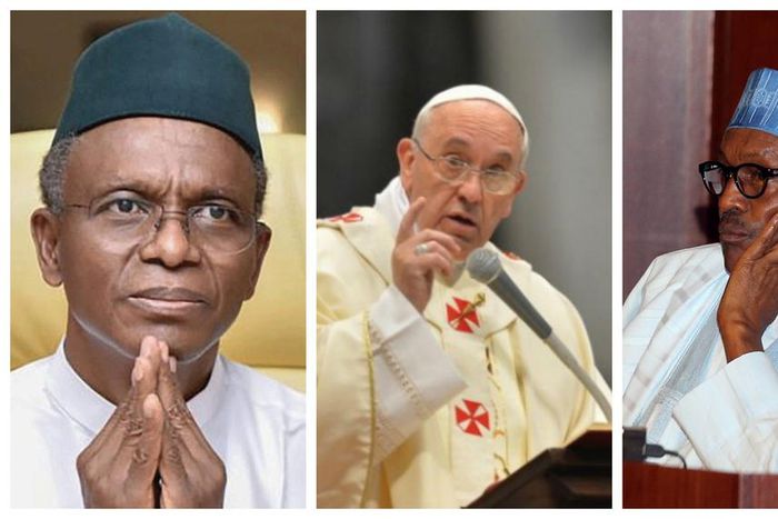 L-R  Kaduna State governor, Nasir El-Rufai; Pope Francis; President Muhammadu Buhari