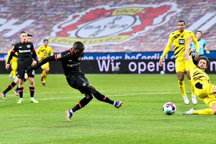 Moussa Diaby fires Bayer Leverkusen ahead against Borussia Dortmund on Tuesday