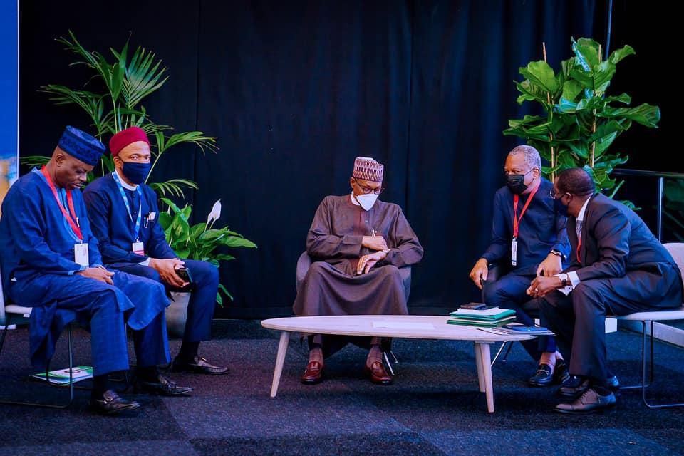L-R: Nigeria's High Commissioner to United Kingdom, Ambassador Sarafa Ishola; Minister of State for Education, Emeka Nwajiuba; President Muhammadu Buhari; Minister of Foreign Affairs, Geoffrey Onyeama; and National Security Adviser, Babagana Monguno [P...