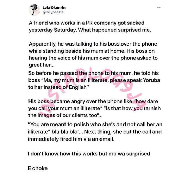 Man loses job after referring to mum illiterate in a phone conversation with his boss