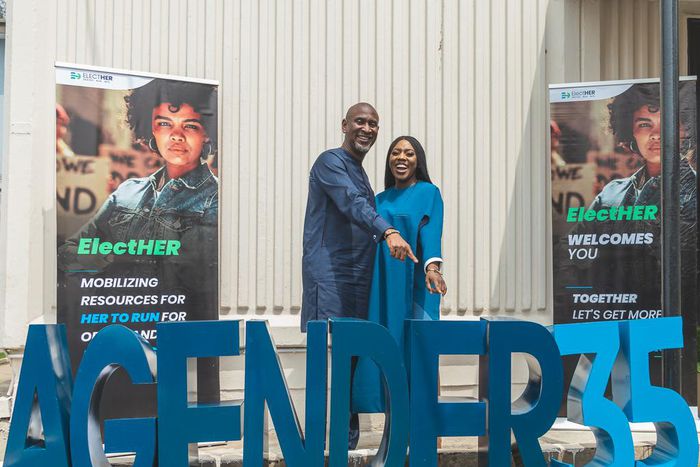 Chairman, Platform Capital, Dr Akintoye Akindele (left) and Executive Director and Co-founder, ElectHER, Ibijoke Faborode at the unveiling of Agender35