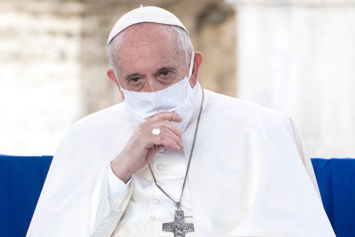 Pope Francis wearing a protective mask attends an international Prayer for Peace initiative at the Capitoline Hill on October 20, 2020 in Rome, Italy.