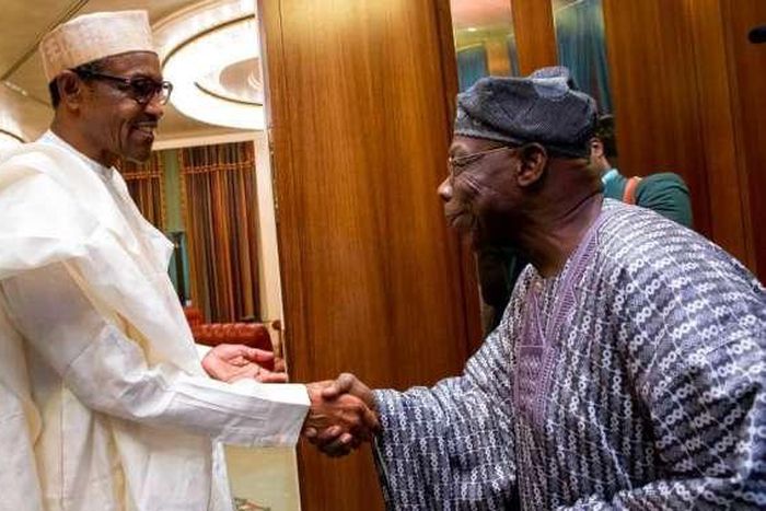 President Muhammadu Buhari and former President Olusegun Obasanjo exchanging pleasantries at the Presidential Villa in Abuja, before OBJ later withdrew his support for the incumbent administration.