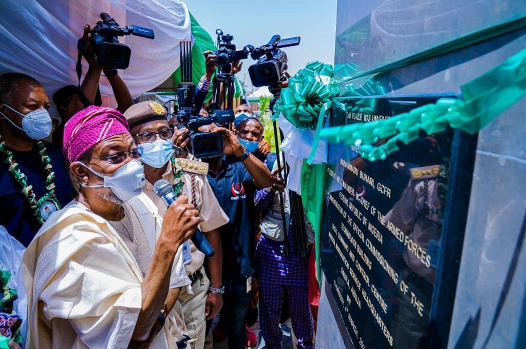 Interior Minister, Rauf Aregbesola at the inauguration of the N9.1bn Nigeria Immigration Service technology building. [Presidency]