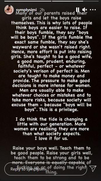 The music star says men get away with stuff that women will be slammed for. [Instagram/SymplySimi]