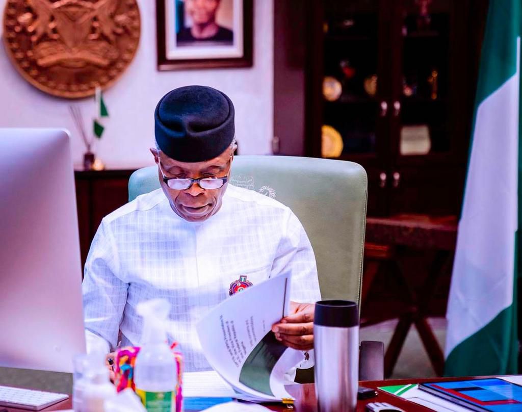 Vice President Yemi Osinbajo SAN in a virtual meetings with OPTS and IPPG stakeholders on the Petroleum Industry Bill at The State House,Abuja. Photos; Tolani Alli