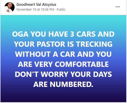“Your days are numbered If you have 3 cars and your pastor is trekking” – Pastor says