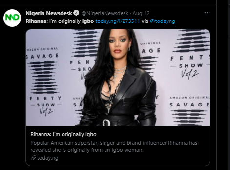 Fact Check: The widely circulated quote of Rihanna claiming to be Igbo is false (Twitter/Naija_PR)