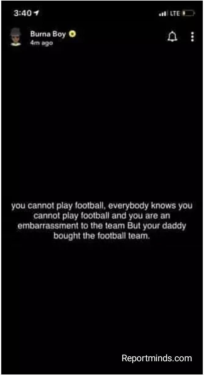 Burna Boy on his IG stories. (Instagram/BurnaBoy)