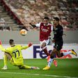 Pierre-Emerick Aubameyang (C) scored two of Arsenal's three goals in a win over Benfica in Greece