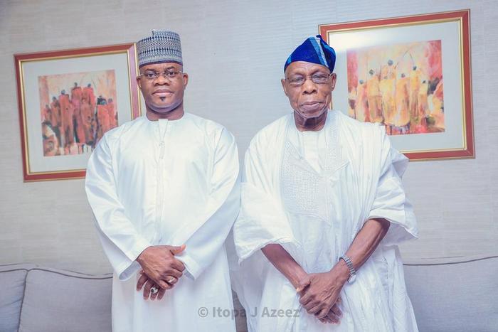 R-L Former President, Olusegun Obasanjo and Gov. Yahaya Bello of Kogi. [Twitter/@GalacticusO]