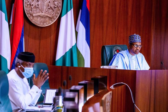 President Muhammadu Buhari presides over virtual FEC meeting. [Twitter/@BahirAhmaad]