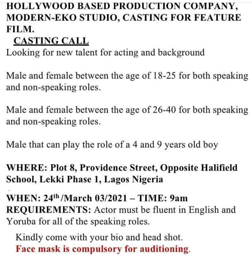 Casting call announcement for 'Ran Mi Lowo' directed by Akorede Alli [Twitter]