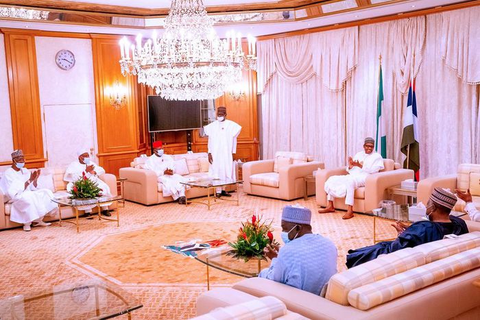 In the photo: President Muhammadu Buhari; Ebonyi State Governor, Dave Umahi; APC National Caretaker Committee Chairman and Yobe State Governor, Mai Mala Buni; Jigawa state Governor, Abubakar Badaru and Kebbi State Governor, Senator, Abubakar Atiku Bagu...