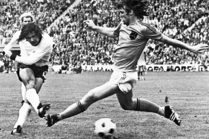 Gerd Mueller scores the winning goal for West Germany in the 1974 World Cup final against the Netherlands