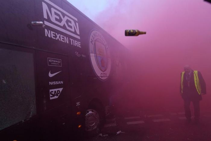 Manchester City's team bus was attacked by thrown bottles and cans ahead of a Champions League tie with Liverpool at Anfield in 2018
