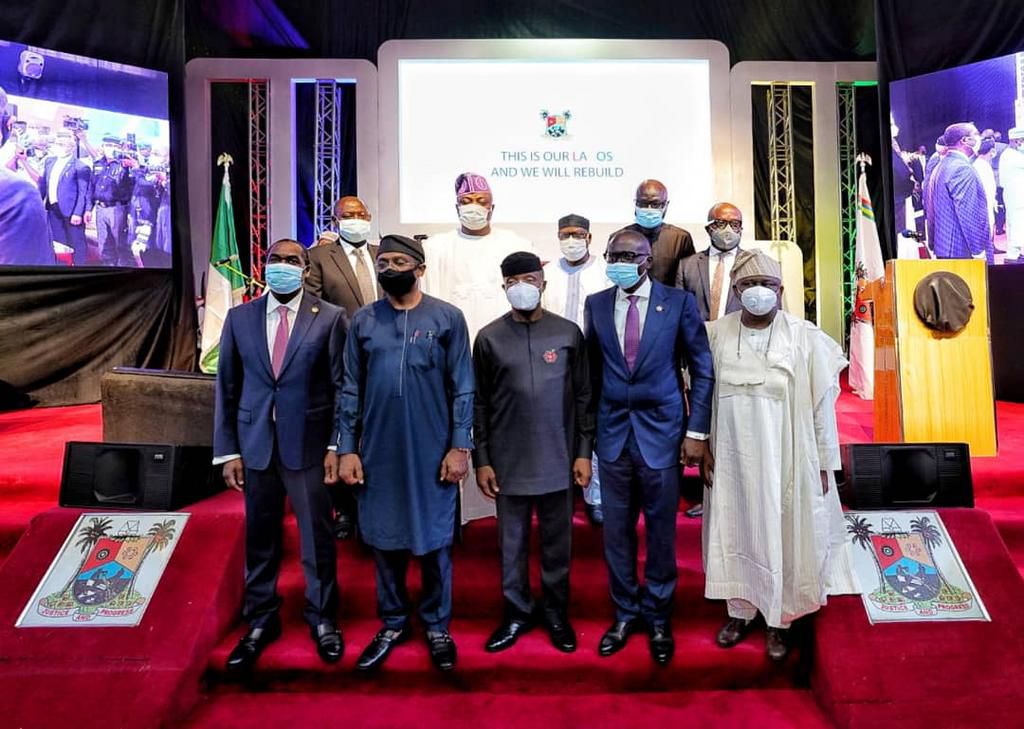 L-R: Lagos State Deputy Governor, Dr Obafemi Hamzat; Speaker, House of Reps, Rt. Hon. Femi Gbajabiamila; Vice President, Prof. Yemi Osinbajo; Lagos State Governor, Mr Babajide Sanwo-Olu; representing Lagos-West Senatorial District, Senator Solomon Adeo...