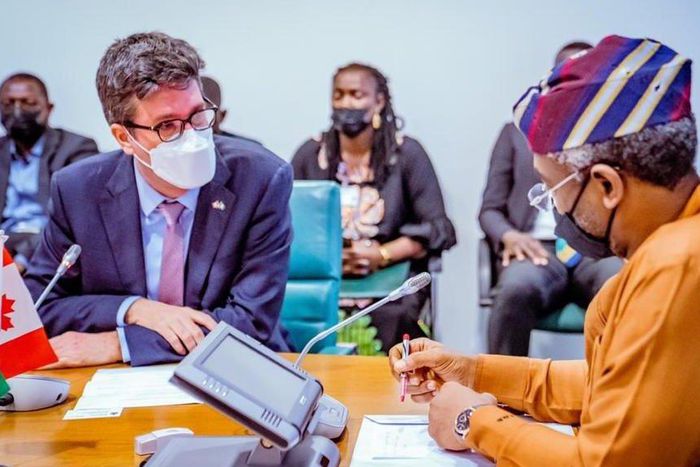 Speaker of the House of Representatives Hon. Femi Gbajabiamila and the Acting High Commissioner of Canada to Nigeria, Mr Nicolas Simard. [@FemiGbaja]