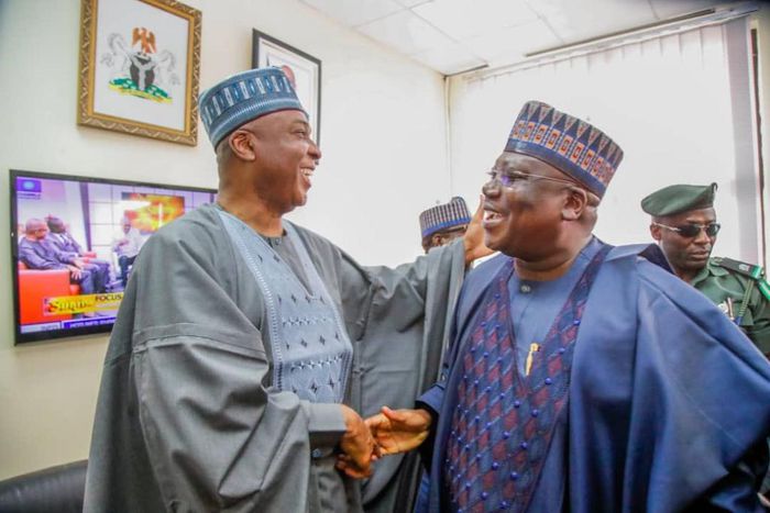Former President of the Senate, Dr. Bukola Saraki and current Senate President, Dr. Ahmad Lawan. [Twitter/@DrAhmadLawan]