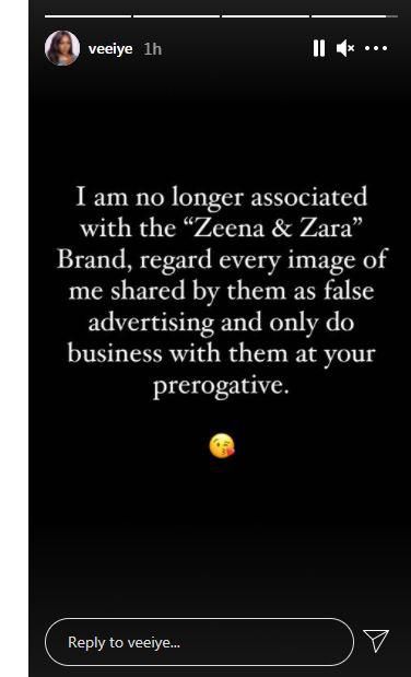 Vee says she will no longer be doing business with the company [Instagram/VeeIye]