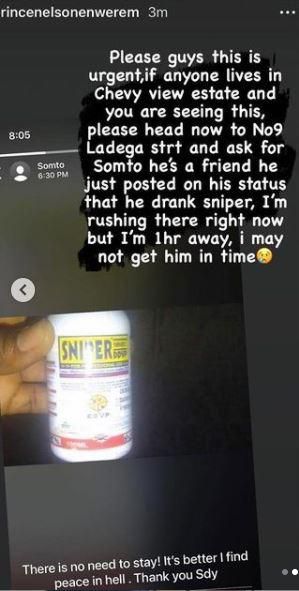 He appealed to friends and residents close to help save the young man from killing himself. [PrinceNelsonEnwerem]