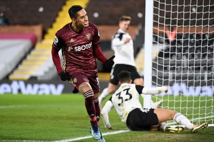 Leeds winger Raphinha celebrates scoring against Fulham