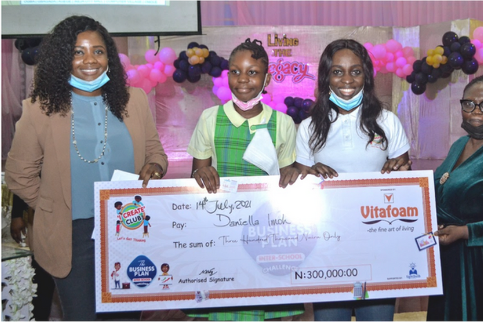 L-R:   Busola Onamusi, Brand and Communications Manager, Vitafoam Plc , Daniella Imoh, Pupil of Chrisland School and Winner, Business Plan Challenge , Eniola Afolayan, Founder,  I-create Club  Adepeju Johnson , Head Teacher Chrisland School, Ladipo-Ike...