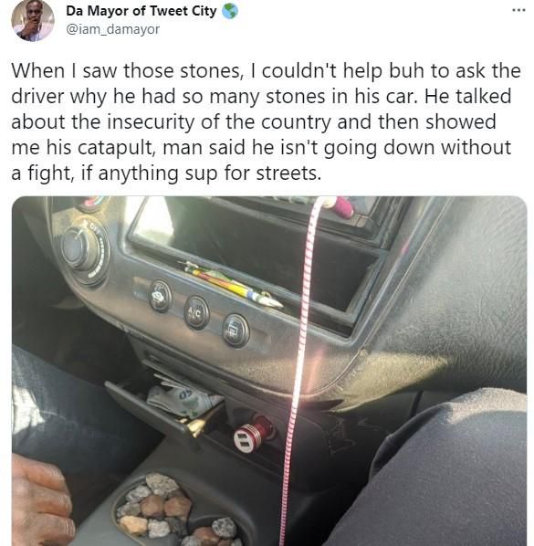 Taxi driver keeps stones and a catapult in his car for protection against robbers