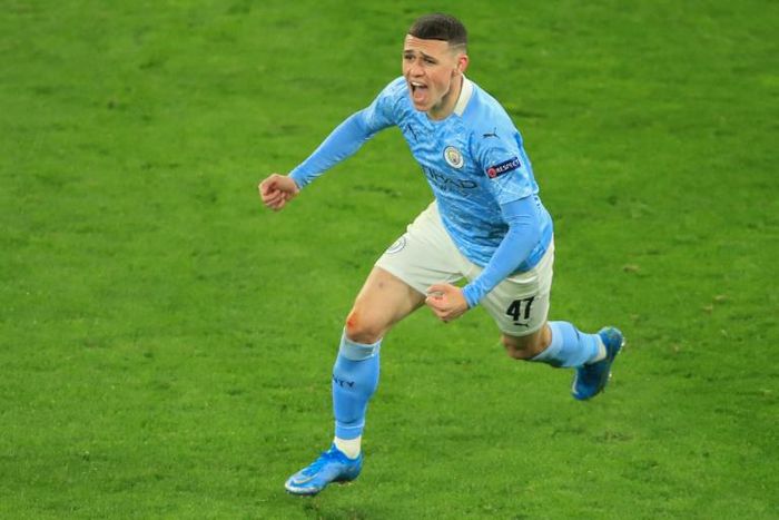 Phil Foden celebrates scoring for Manchester City in their Champions League quarter-final against Borussia Dortmund